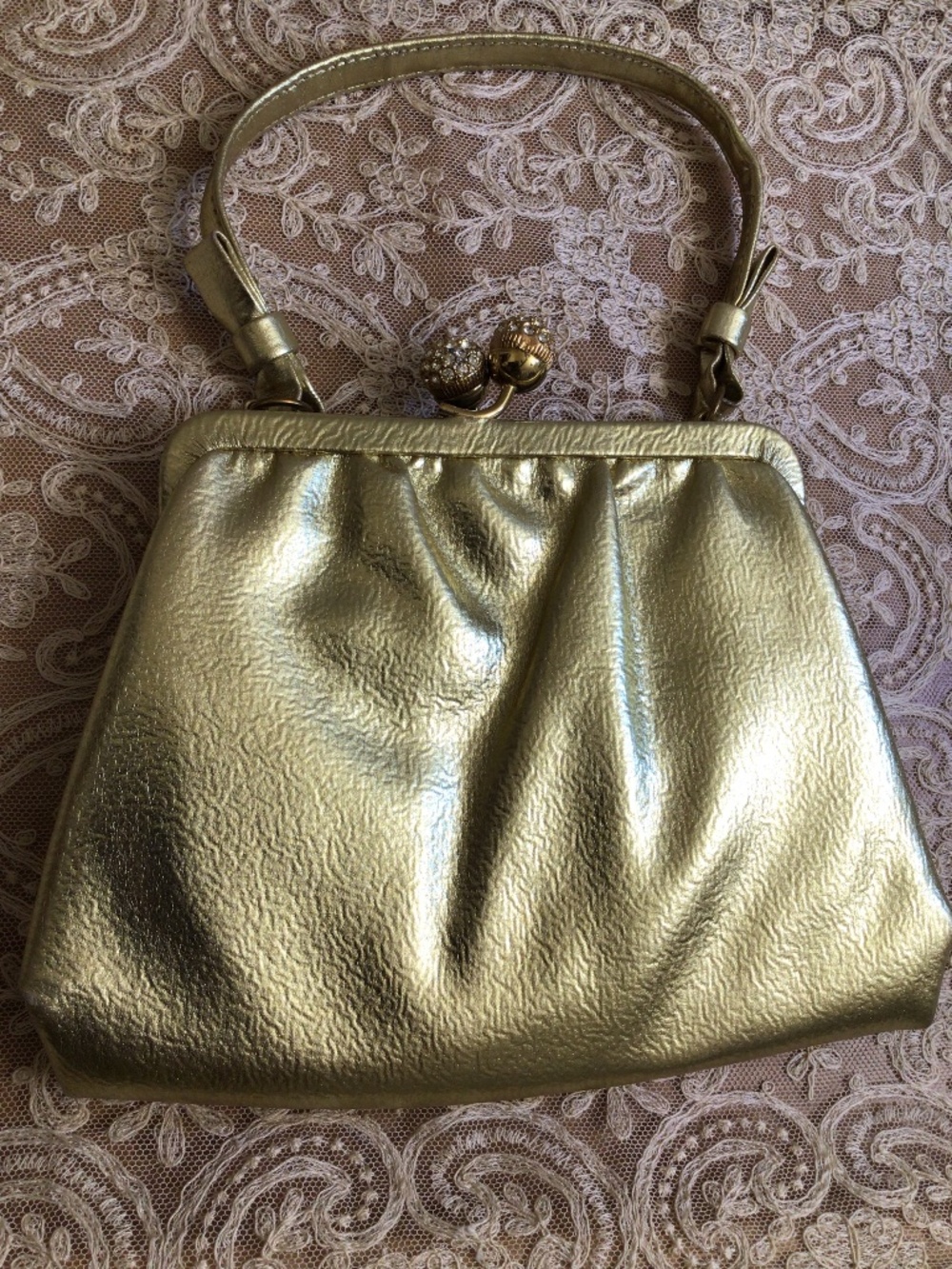 Vtg Gold Metallic Evening Bag Rhinestone-embellished Double-ball Kiss-lock Clasp